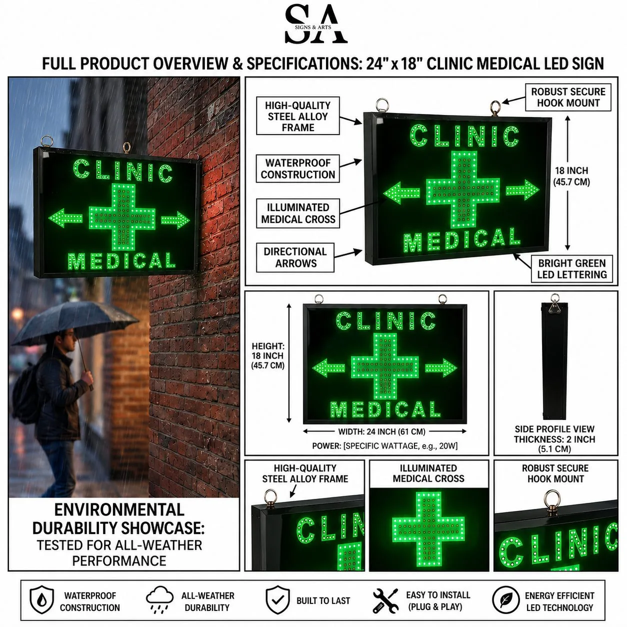 Clinic Medical LED Sign Board Hook Features