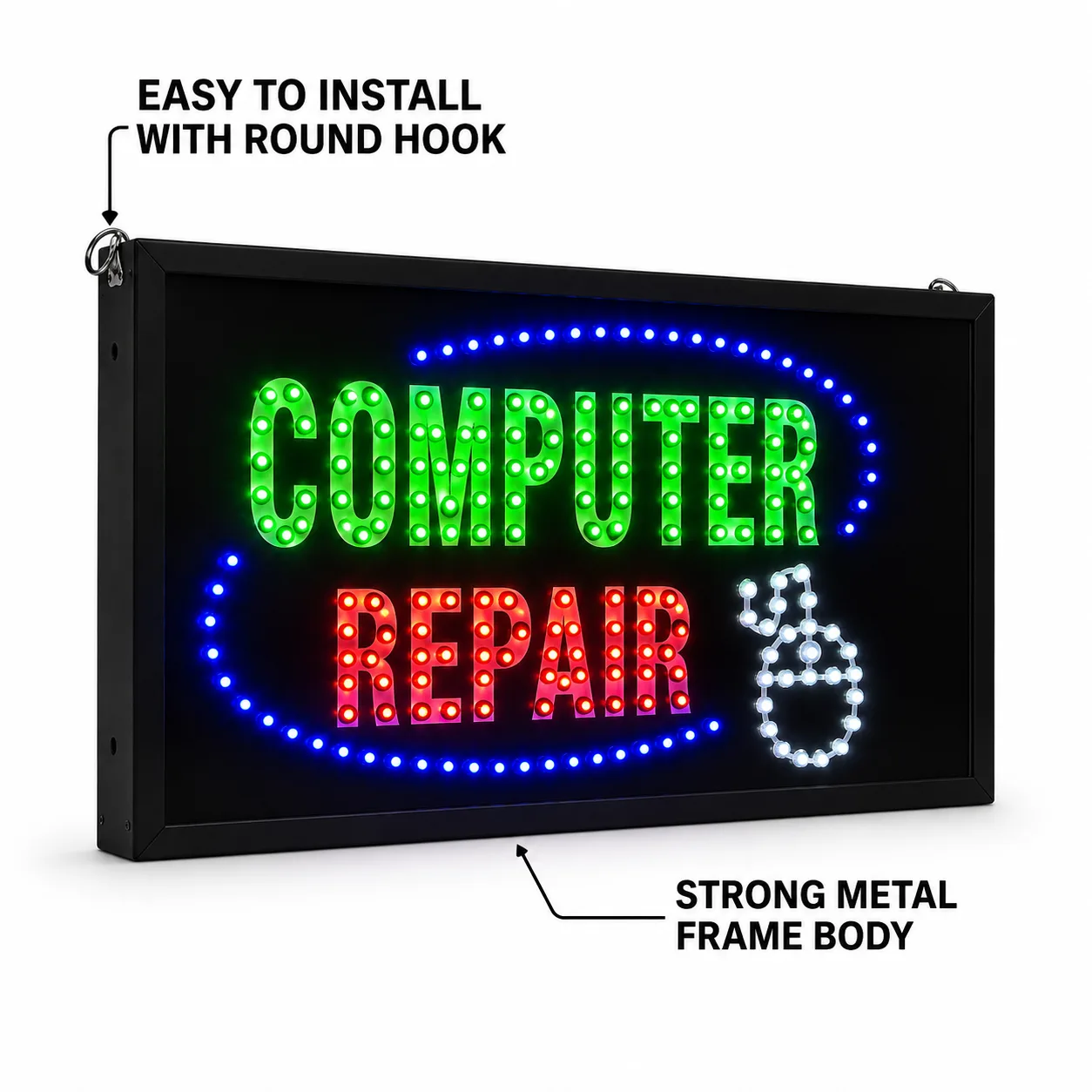 Computer Repair LED Sign Board Hook Mount Metal Frame Features