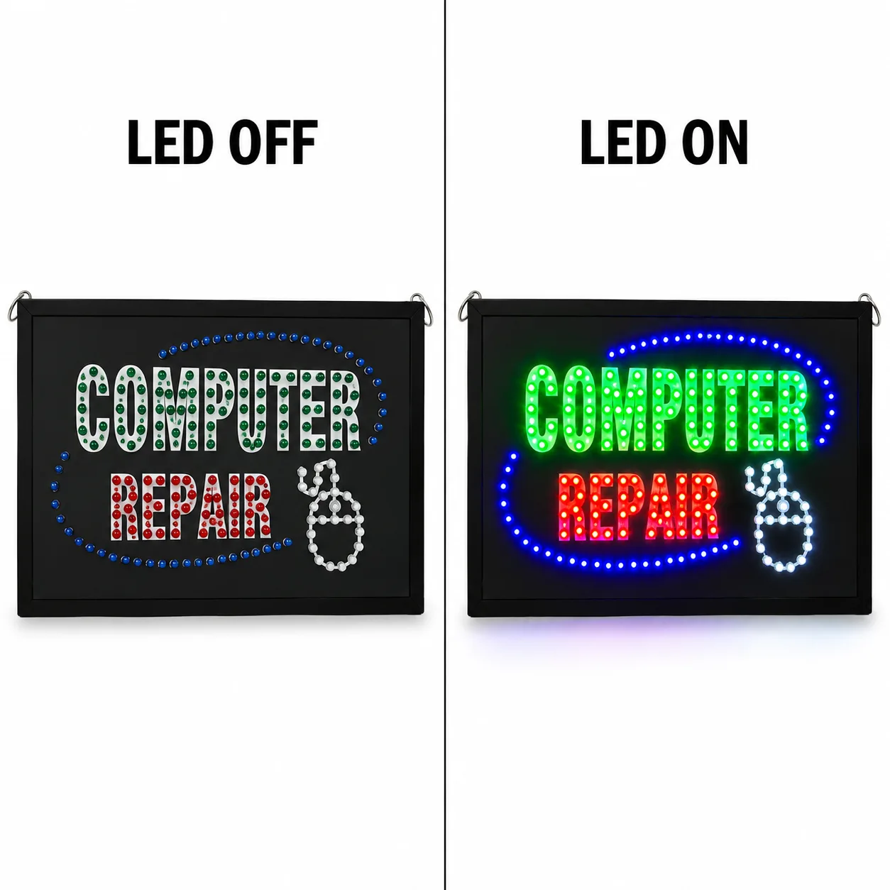 Computer Repair LED Sign Board LED On Off Comparison