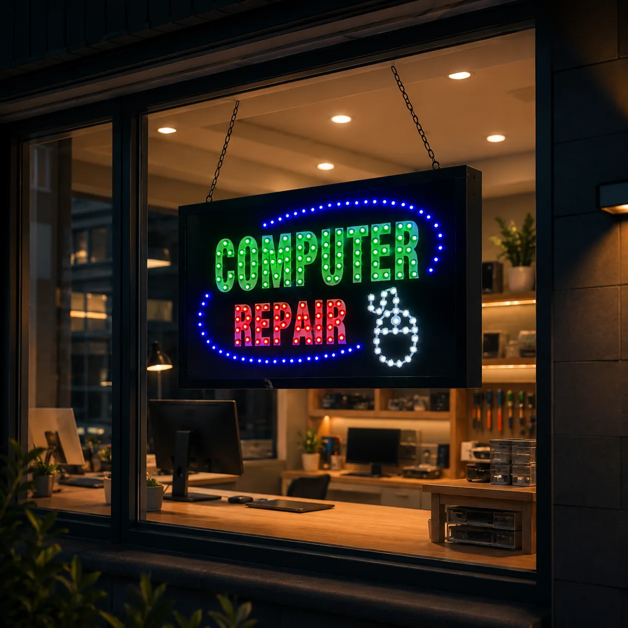 Computer Repair LED Sign Board Installed in Computer Repair