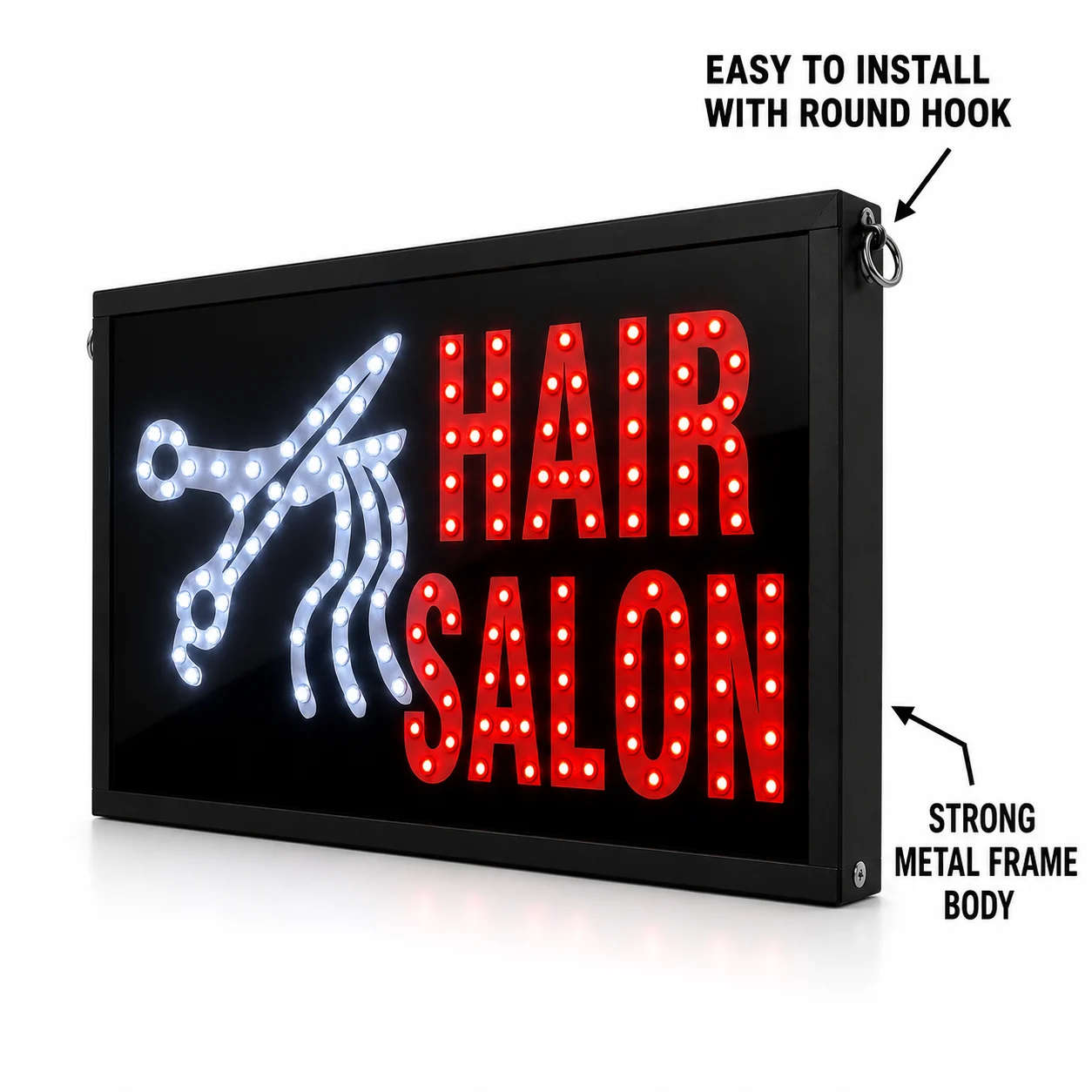 Hair Salon LED Sign Board Hook Mount Metal Frame Features
