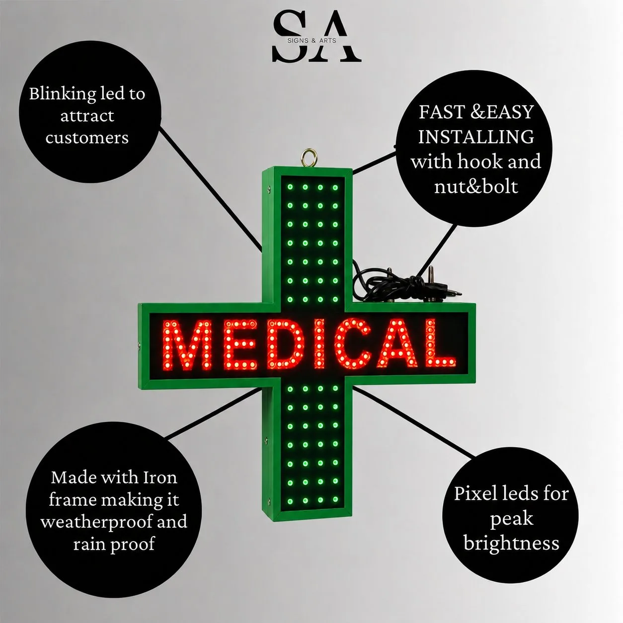 Medical LED Sign Board Red Green Features