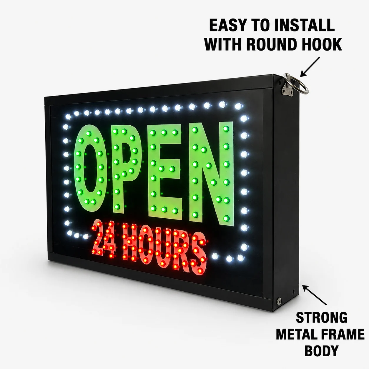 Open 24 Hours LED Sign Board Hook Mount Metal Frame Features