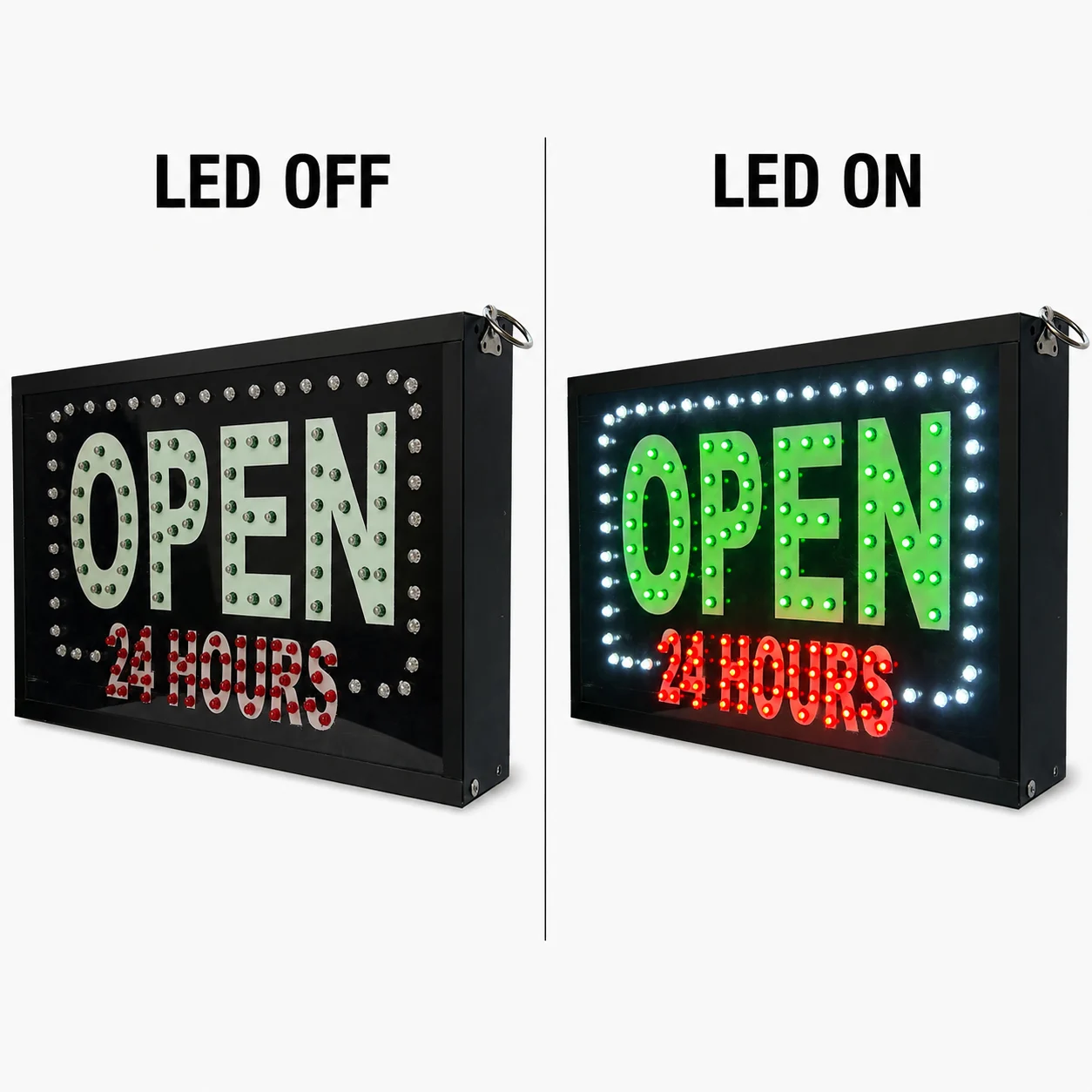 Open 24 Hours LED Sign Board LED On Off Comparison