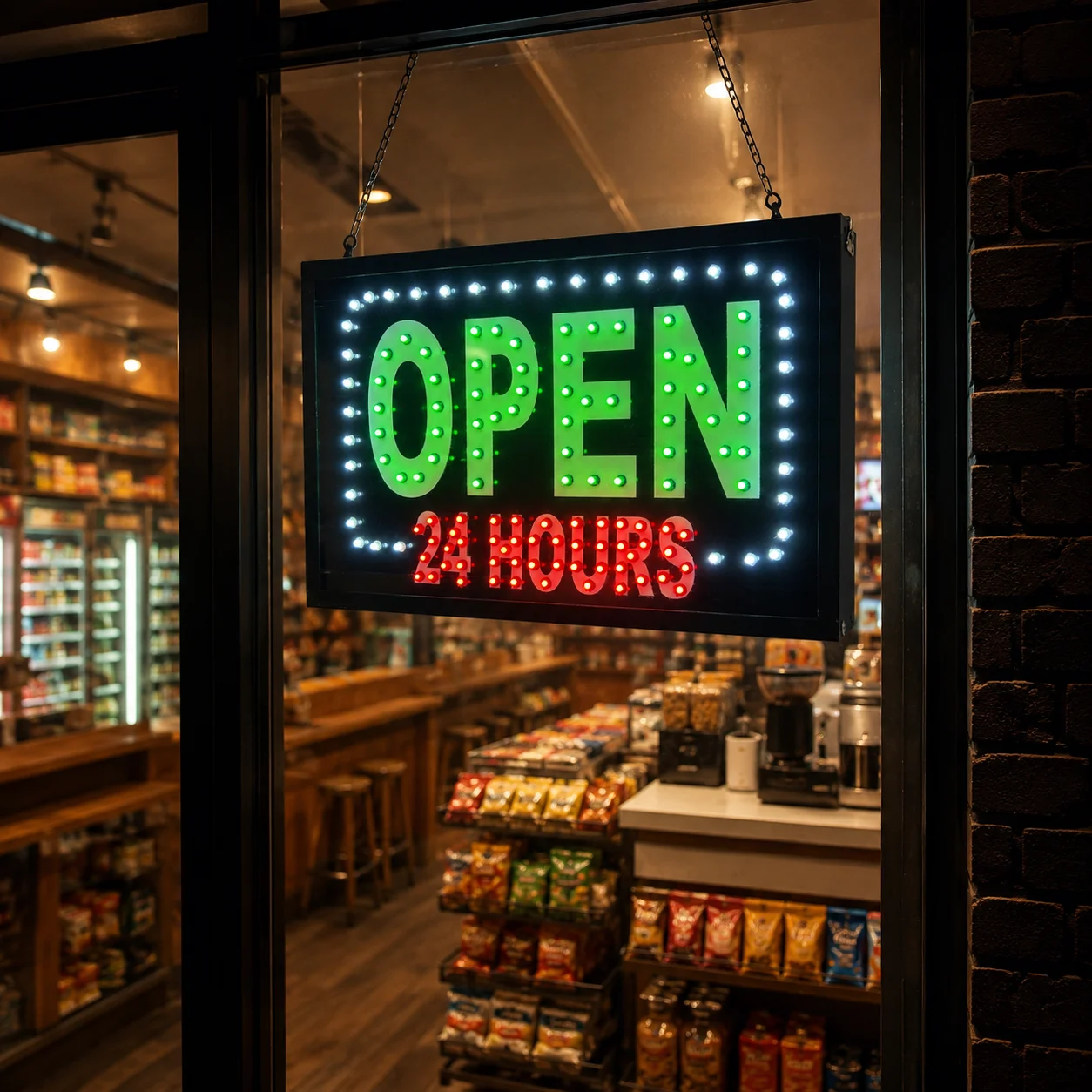 Open 24 Hours LED Sign Board Installed in Retail Store