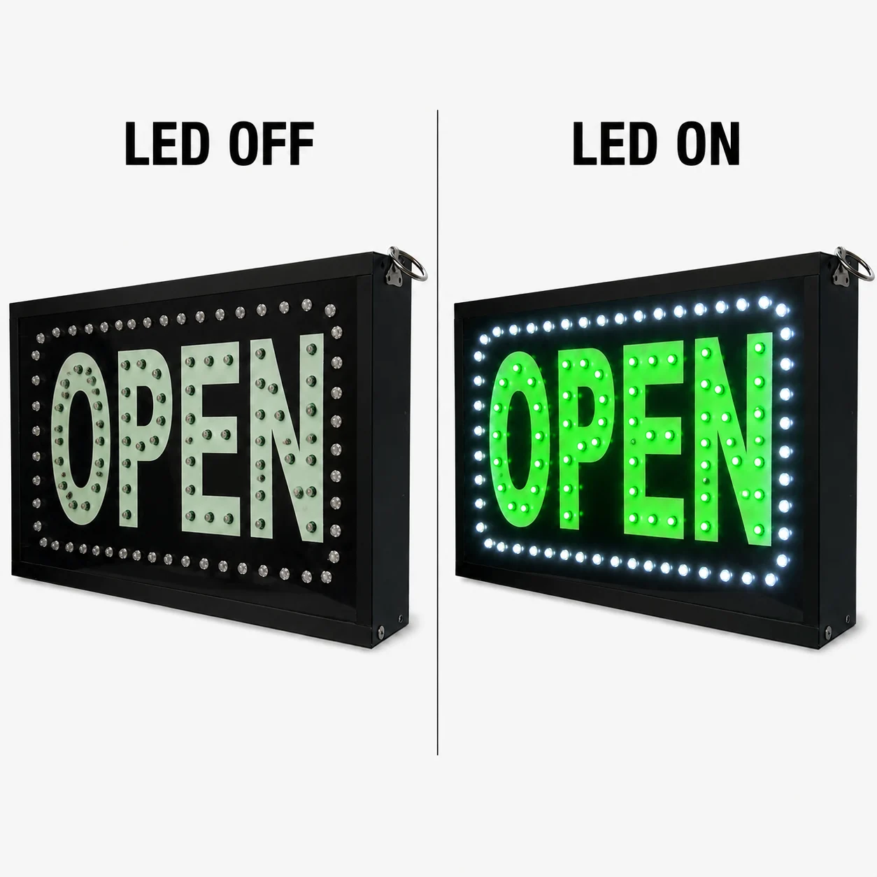 Open LED Sign Board LED On Off Comparison
