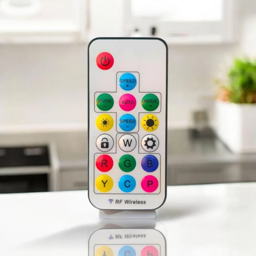RGB pixel LED controller and 17-key RF remote close-up