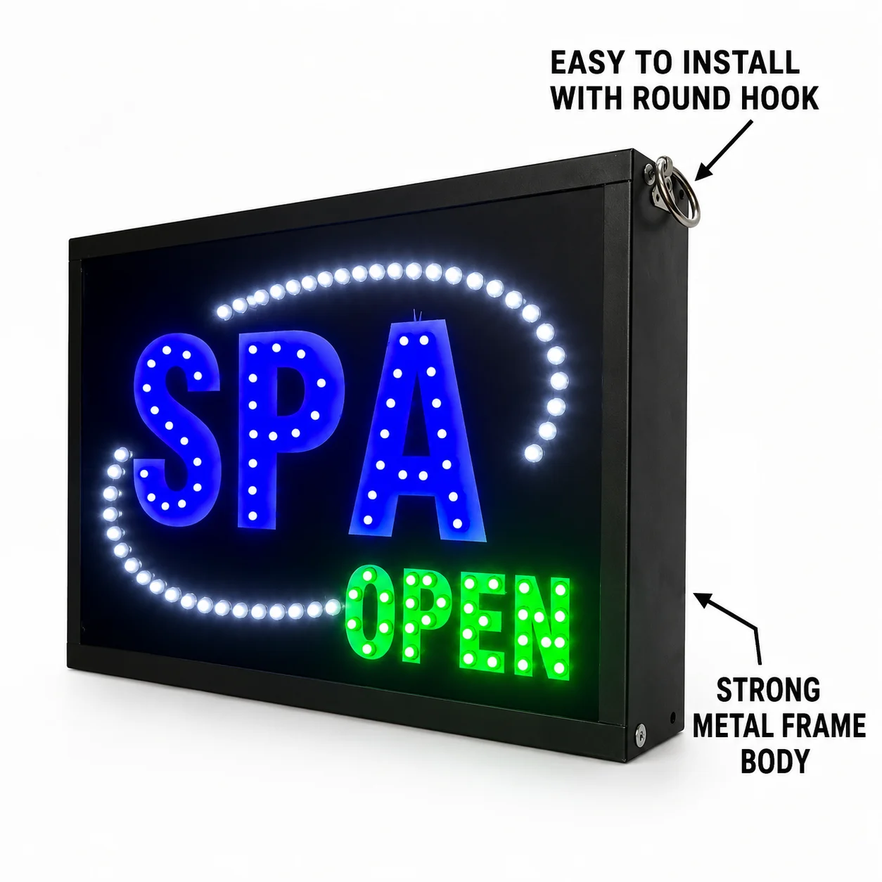 Spa Open LED Sign Board Hook Mount Metal Frame Features