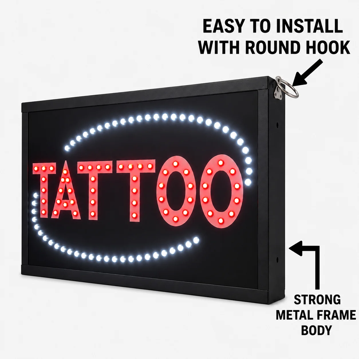Tattoo LED Sign Board Hook Mount Metal Frame Features